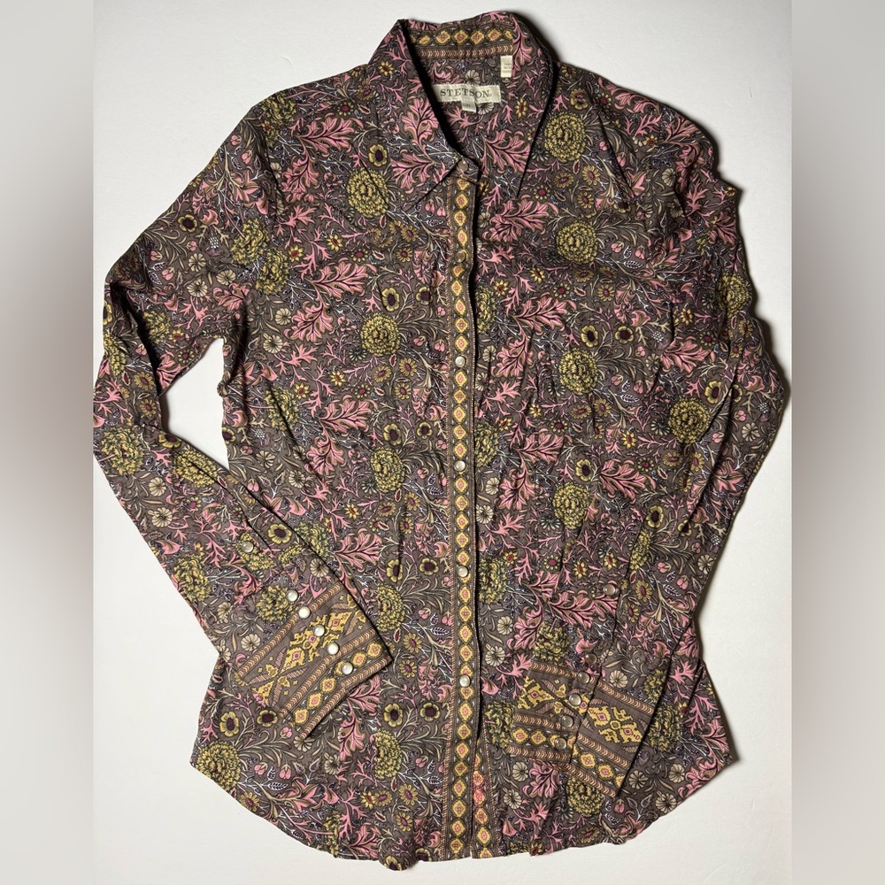 Stetson Western Floral Pearl Snap Shirt Medium Pink Brown Botanical Print.